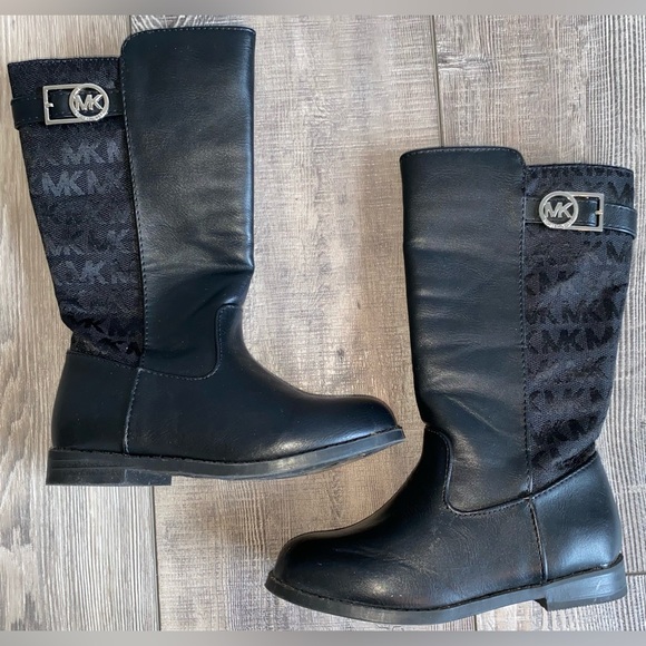 Michael Kors Zeppelin MK Logo Gold Buckle Full Zip Tall Black Boots Girl’s Sz 10 - Picture 1 of 8